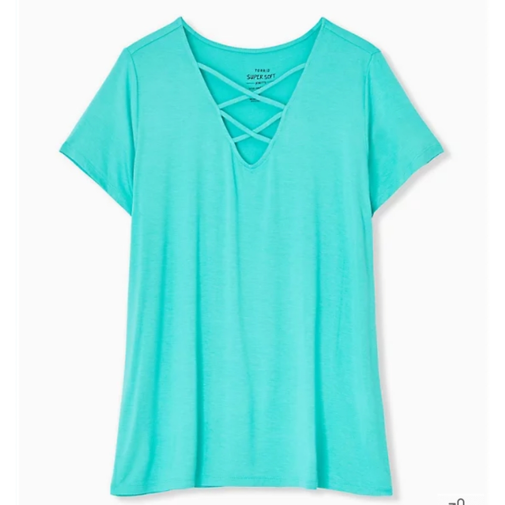 Torrid SUPER SOFT TURQUOISE LATTICE V-NECK TEE